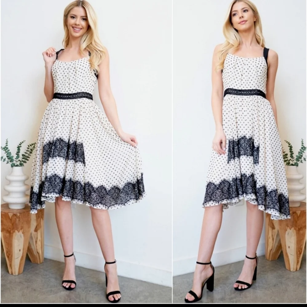 Ivory with black lace, polka dot. Vintage looking, for summer sundress - Picture 2 of 6